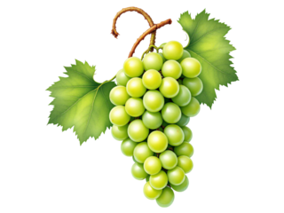 A vibrant illustration of a bunch of fresh, light green grapes hanging from a vine, complete with detailed, realistic leaves