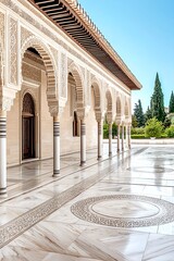 Obraz premium A stunning view of an architectural masterpiece with intricate arches and beautiful marble flooring, surrounded by lush greenery.