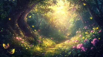 Lush forest with soft sunlight filtering through