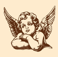 Baby angel line drawing. Isolated . Cherub wings. Vector illustration