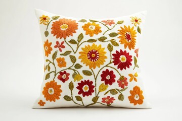 Hand-embroidered floral pillow with orange, red, and yellow flowers on a white background.