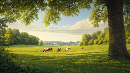Fototapeta premium cows grazing in serene green meadow under bright sunny sky. lush landscape framed by tall tree. peaceful countryside scene. nature, agriculture, rural life. poster, background.
