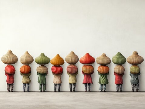 Colorful hats worn by people in a unique formation.