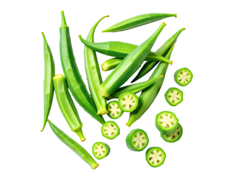High-angle, full shot of fresh okra pods and slices against a transparent background