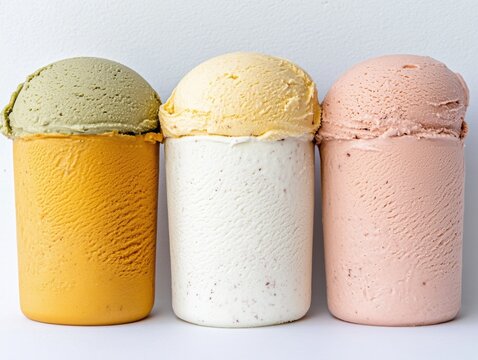 Colorful ice cream cups in various flavors.