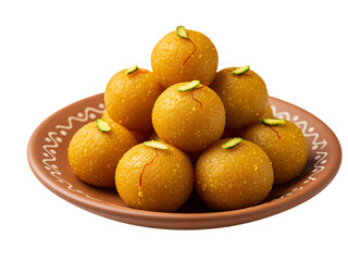 Close-up image of a vibrant pile of traditional Indian ladoo sweets