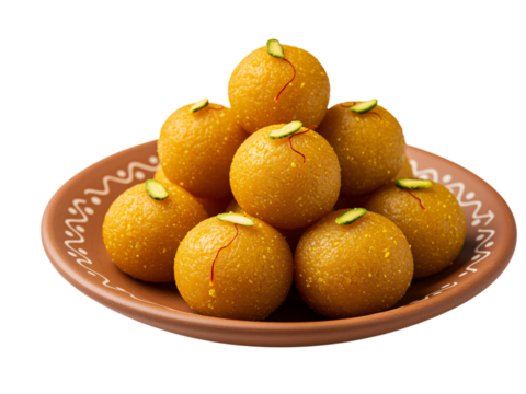 Close-up image of a vibrant pile of traditional Indian ladoo sweets