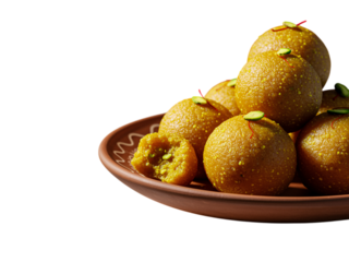 Close-up view of a stack of traditional Indian ladoo sweets, a popular treat often served during festivals