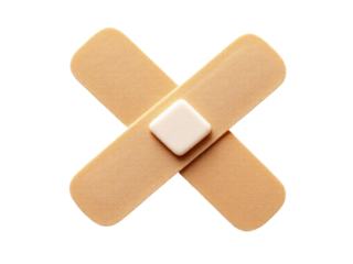 A high-quality close-up image of two beige adhesive bandages crossed over each other, with a small white adhesive backing