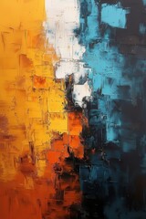 An abstract painting with a blend of warm and cool colors, featuring bold geometric shapes and dynamic brushstrokes.