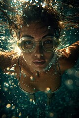 Female Swimmer Underwater: A female swimmer, wearing goggles, swimming underwater. Air bubbles rising around her.	
