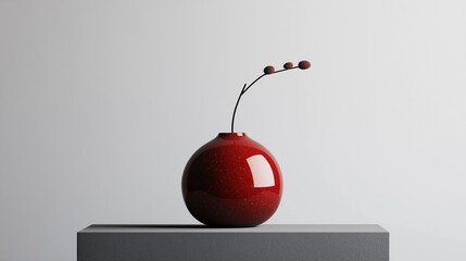 Red vase with a single stem on top of it. the vase is sitting on a grey pedestal against a plain white background.