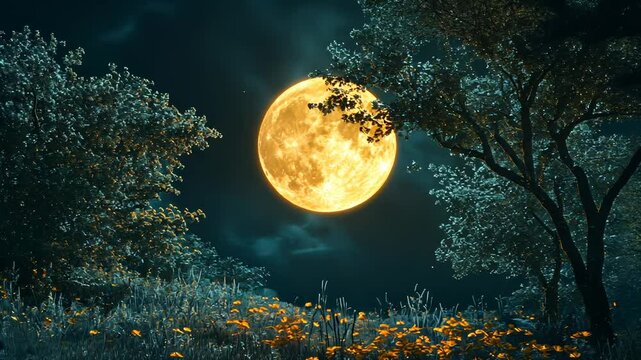 Full Moon Over Trees, Night Landscape