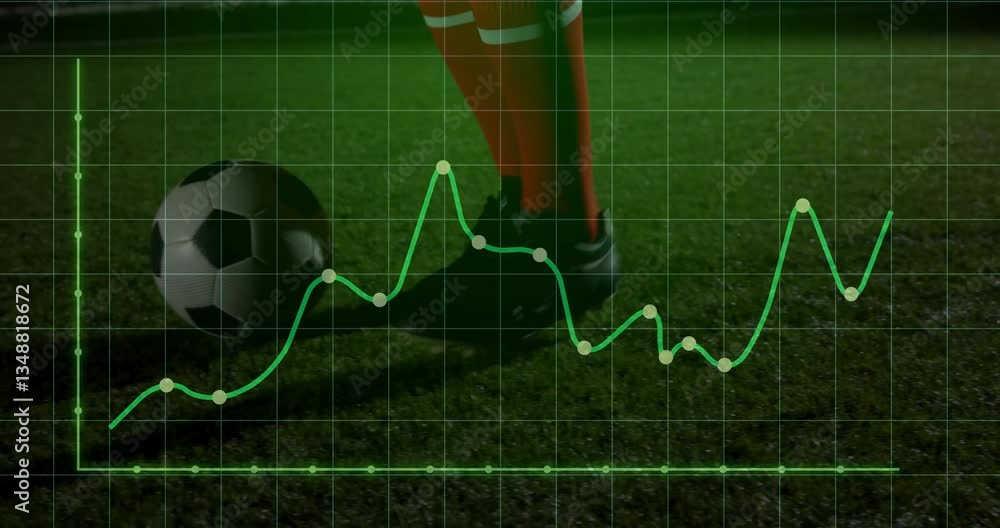Poster on field, soccer player with ball, animation overlay showing performance metrics