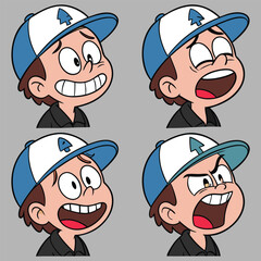 A collection of character expressions showcasing various emotions in a consistent art style.