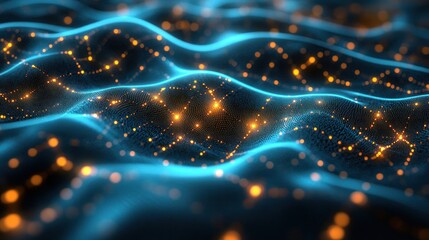 Abstract digital waves with glowing particles, dark background