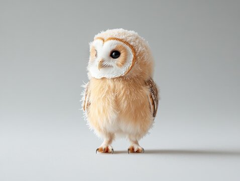 Cute baby owl standing on a gray background.