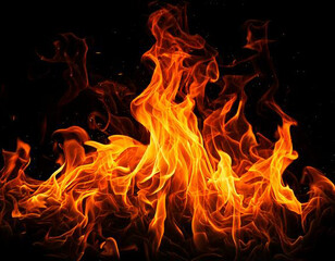 Fototapeta premium collection abstract flame isolated black background. concept of effect texture ablaze, graphic design bonfire, blaze at night. burn of fire sizzling, danger explosion