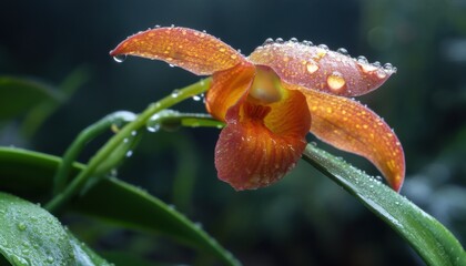 Blooming orange orchid flower with rain drops tropical greenhouse macro photography moist environment close-up perspective