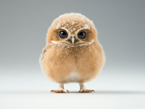 Cute fluffy owl chick with big expressive eyes.