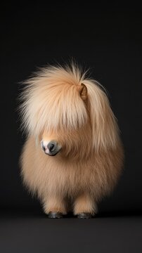 Cute fluffy dog with long hair in dark background.