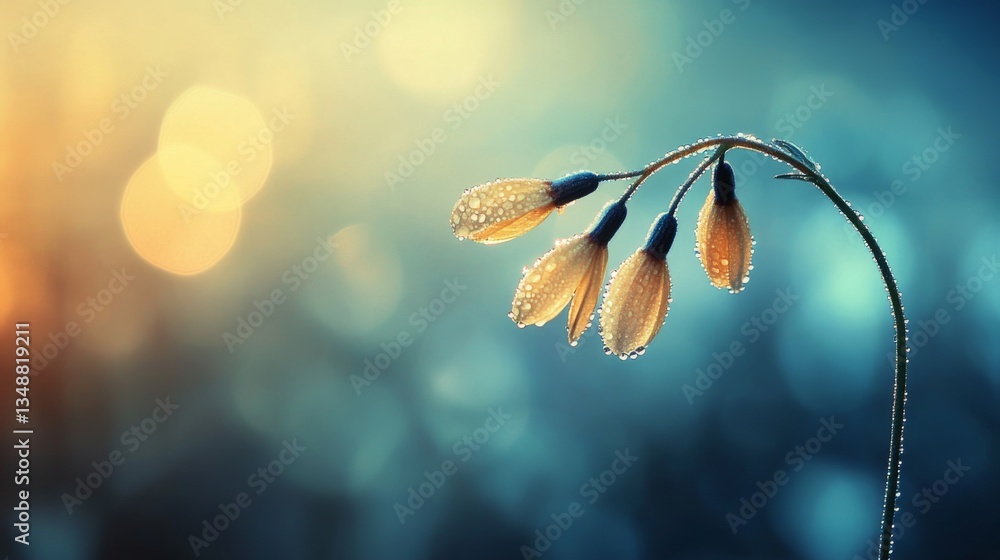 Poster an artistic composition of a single flower stem with dew-covered petals against a blurred background