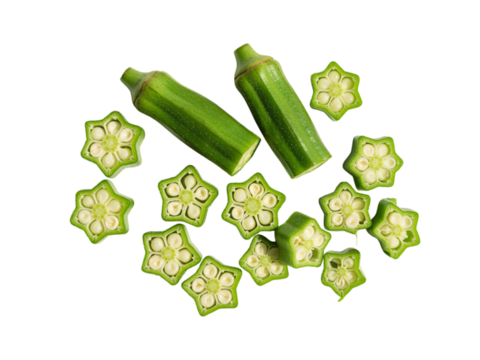 A vibrant overhead shot of sliced okra