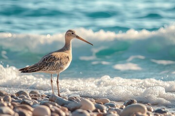 Obraz premium Marbled Godwit: Majestic Shore Bird with Wader on the Beach