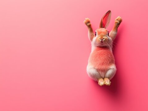 Cute rabbit with raised ears on pink background.