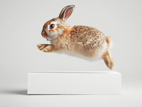 Cute rabbit hopping in mid-air display.