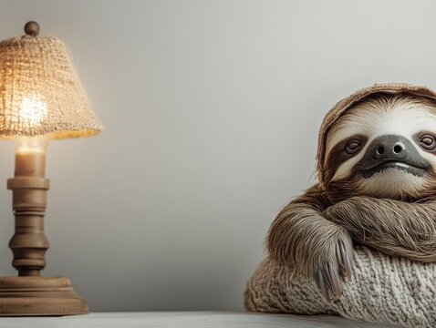 Cute sloth relaxing by a cozy lamp.