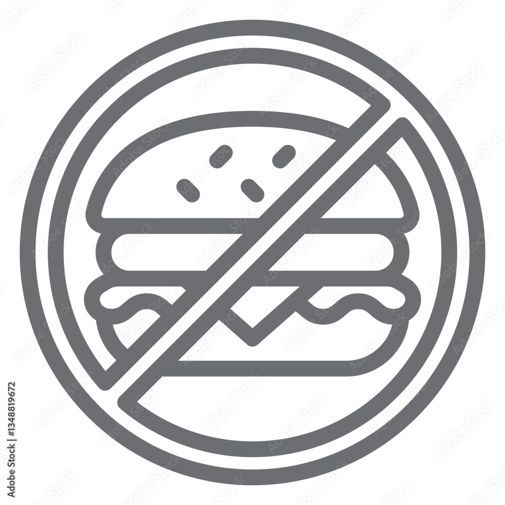 Poster hamburger with meat ban line icon, prohibited elements concept. vector graphics. burger bun fast foo
