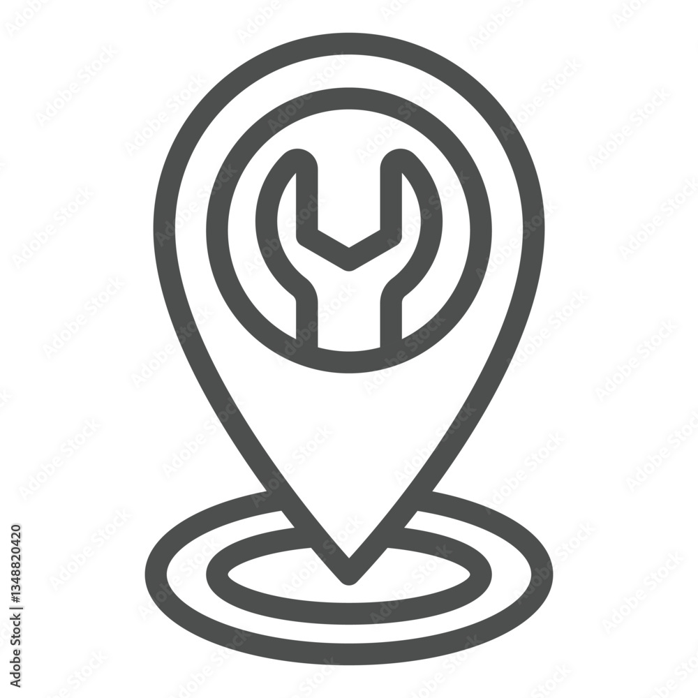 Poster location map pin with wrench line icon, car service concept. vector graphics. wrench tool geo naviga