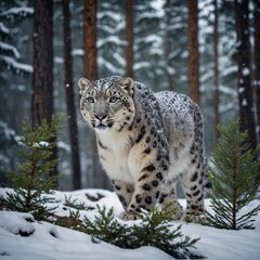 Obraz premium A snow leopard walking through a dense, snowy pine forest, its fur blending with the winter scenery.