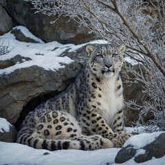 Obraz premium A snow leopard mother cuddling her cub under a rocky overhang, surrounded by frost-covered branches.