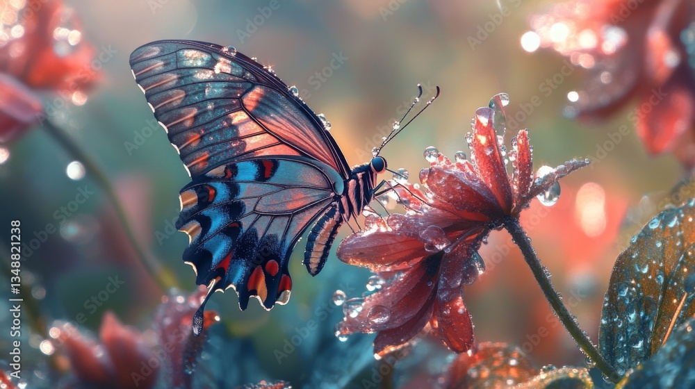 Poster A butterfly perched on a dew-covered flower, highlighting the delicate relationship between nature and its creatures, creating a captivating moment in the wild.