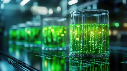 Futuristic lab glassware, glowing green code, conveyor belt, advanced technology