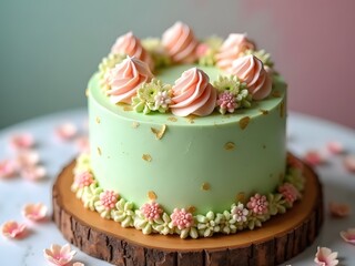 Pistachio and Rose Cake on Wooden Tray: The subtle gold leaf detailing adds a touch of elegance. The background is blurred in soft pastel hues, enhancing the delicate beauty of the cake.