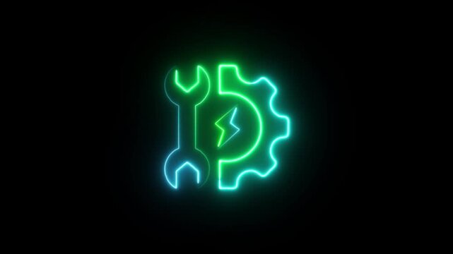Concept neon wrench setting construction tool icon, spanner toolkit professional instrument flat line icon animation.wrench tools icon isolated on brick wall background. Service tool symbol.
