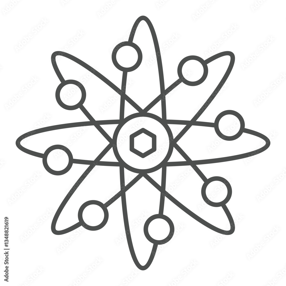 Poster atom thin line icon, physics science concept. vector graphics. orbits around atom structure sign on 