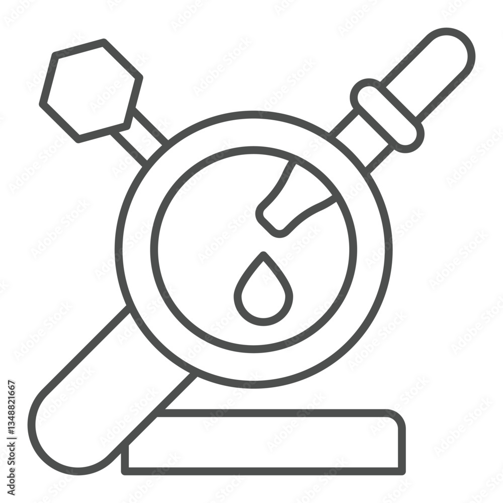 Poster pipette drop with magnifier thin line icon, genetic research concept. vector graphics. laboratory te