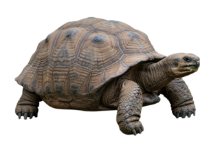 A full shot of a large Galapagos tortoise, showcasing its distinctive brown shell patterned with darker markings