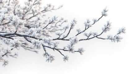 Obraz premium Branch covered in frosty white crystals sits against white backdrop