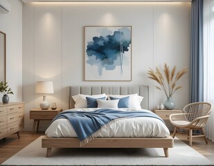A styled bedroom view with a balanced mix of earthy tones, a textured blue headboard, and soft textiles, creating a cozy and inviting atmosphere.