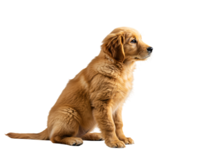 A charming golden retriever puppy, sitting and looking attentively off to the side, against a transparent background