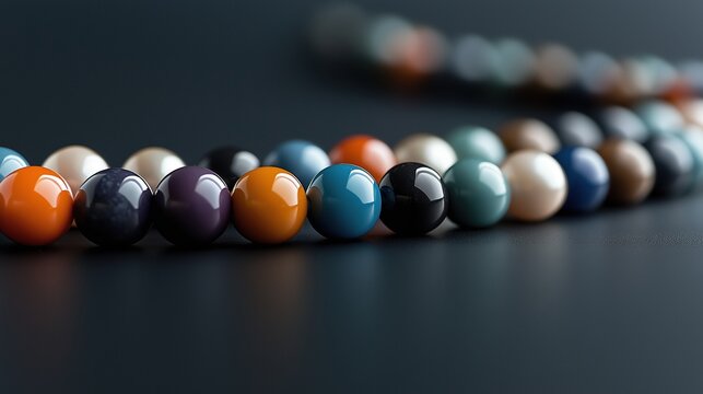 Row of colorful beads arranged in a continuous line on a dark grey surface. the beads are of different sizes and colors, including orange, purple, blue, black, and white.