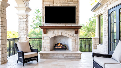 Stone-clad outdoor patio with fireplace and lounge seating