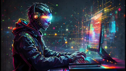 Cyberpunk Data Stream: Abstract Representation of a Programmer with AR Gear, Glowing Lines and Data Points, Dark Background, High-Resolution Stock.
