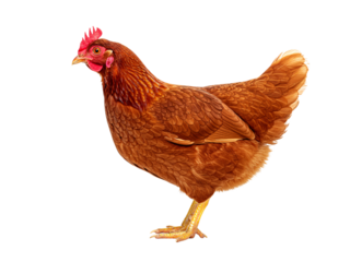 This is a full, eye-level shot of a healthy-looking brown hen