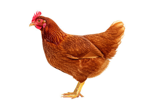 This is a full, eye-level shot of a healthy-looking brown hen
